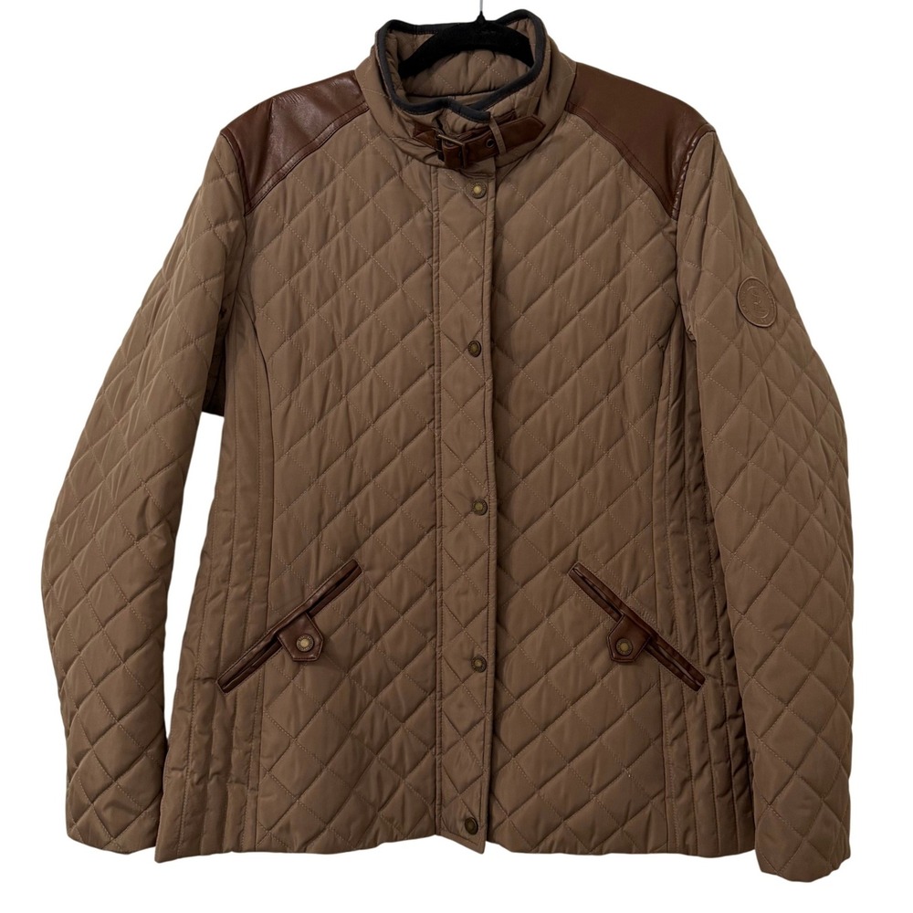 Lauren Ralph Lauren Tan Quilted Barn Jacket Faux Leather Trim Petite Large PL